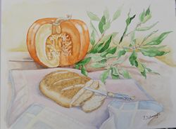 Citrouille et pain, aquarelle